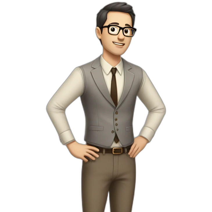 Full height Actively gesturing with hands Pale skinned fit man with dark brown hair in gray jacket, beige office shirt, brown tie, brown pants and vintage glasses. emoji