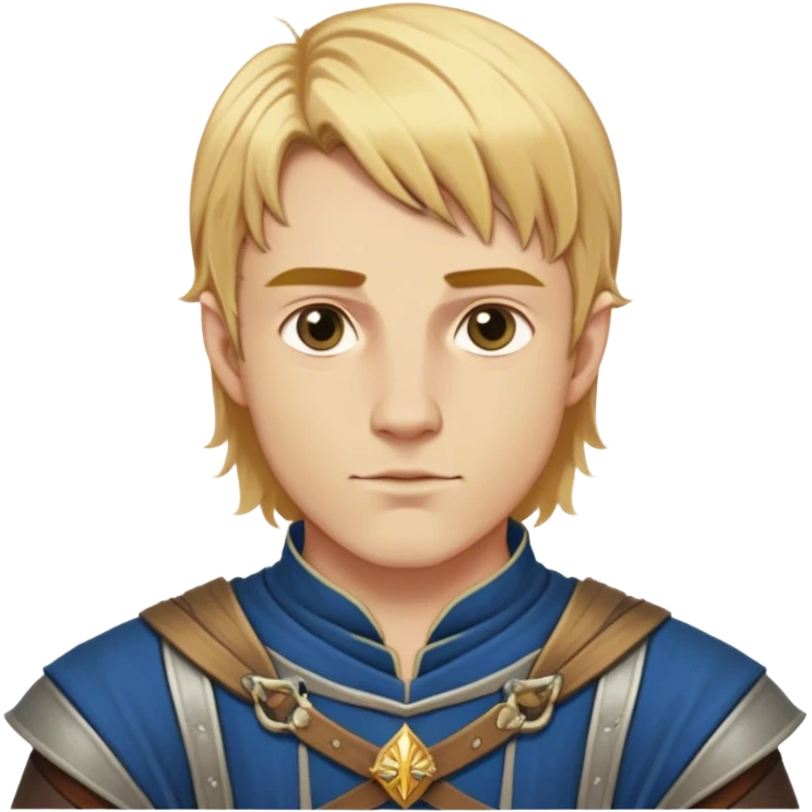 Medieval summer outfit worn by a DnD themed fantasy male character. Character has golden blonde hair cut in an even, symmetrical style that falls precisely to the jawline, with a perfectly centered part and identical lengths on both sides. emoji