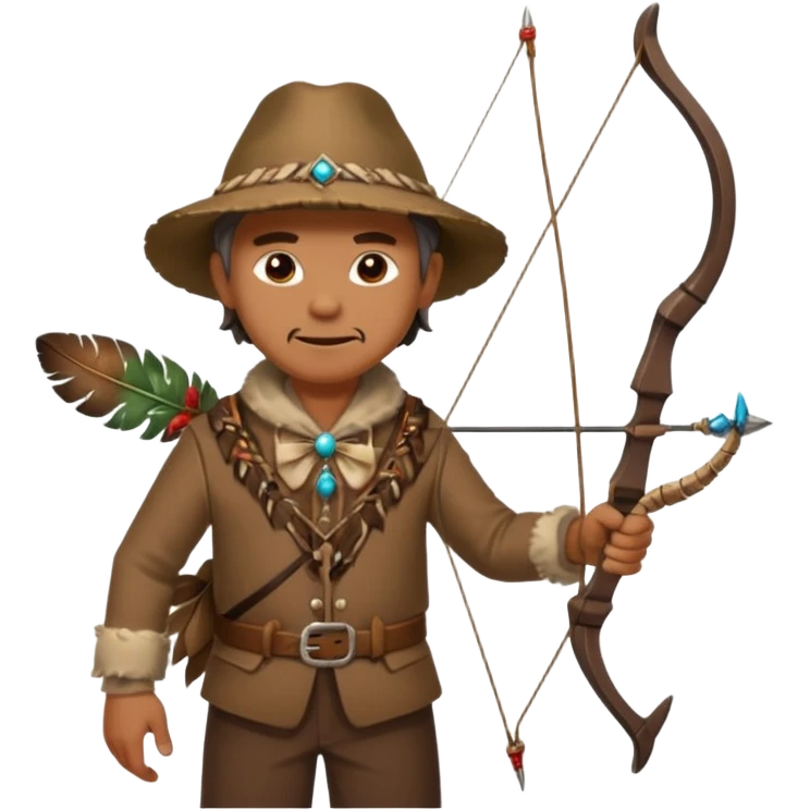 The classic image of a middle-aged uncle hunter carrying a bow, dressed in brown clothes, with some ornaments made of feathers, bones or teeth on his body. emoji