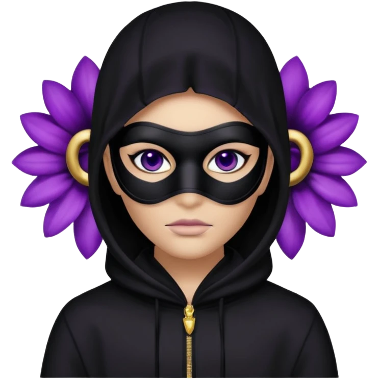 no visible face non human cartoon character related to a shadow, with all black clothes, focusing a black hoodie, and a black versace face mask covering his entire face, just his purple shadow eyes making a light bloom emoji