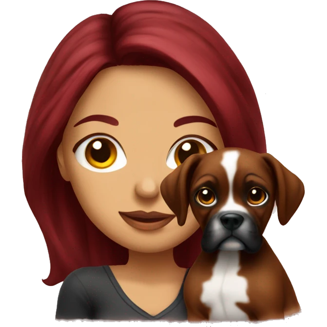 Beautiful tattooed  burgundy long haired woman holding a boxer puppy emoji