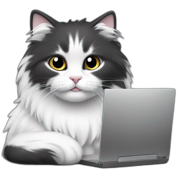 fluffy cat black and white near the computer emoji