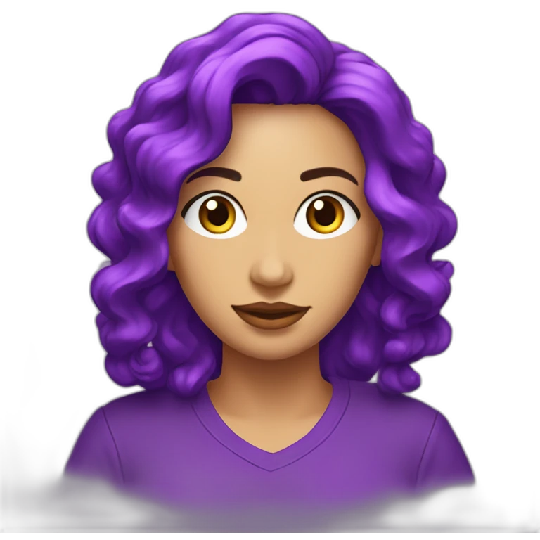 mujer cabello liso con ondas y camiseta morada con letras 4tech emoji