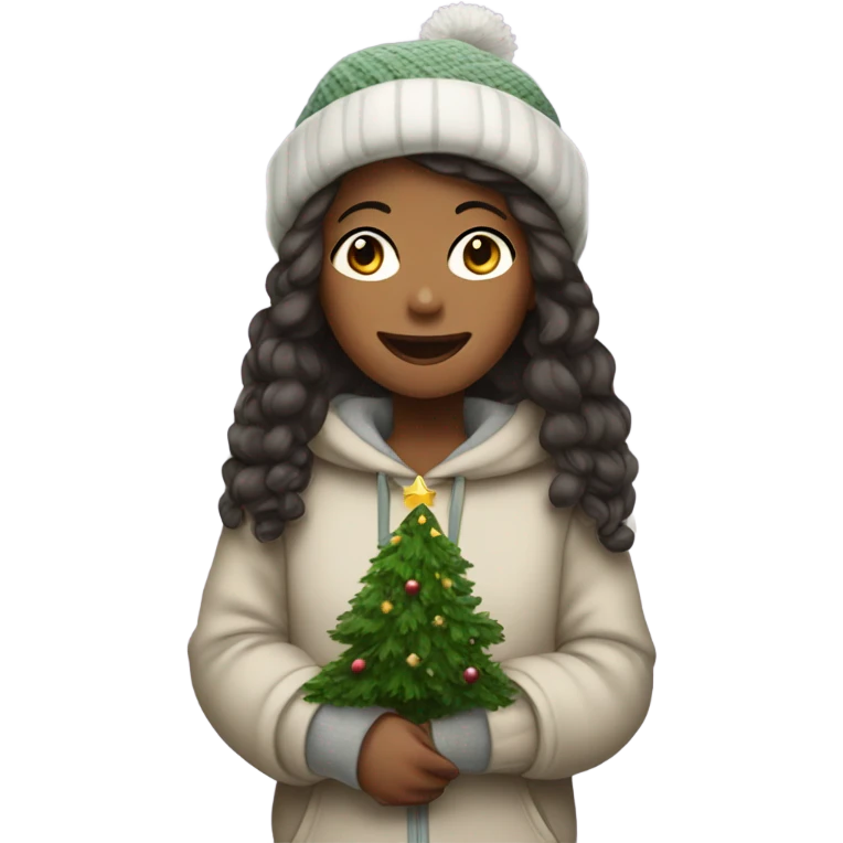 A girl wearing cozy clothes with a Christmas tree emoji