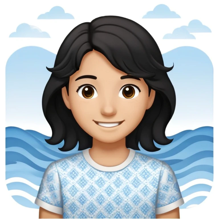 teenager with wavy black hair and dark brown slightly black eyes. wearing a white shirt with light blue patterns on the right and left. Expressing happiness while smiling sweetly  emoji