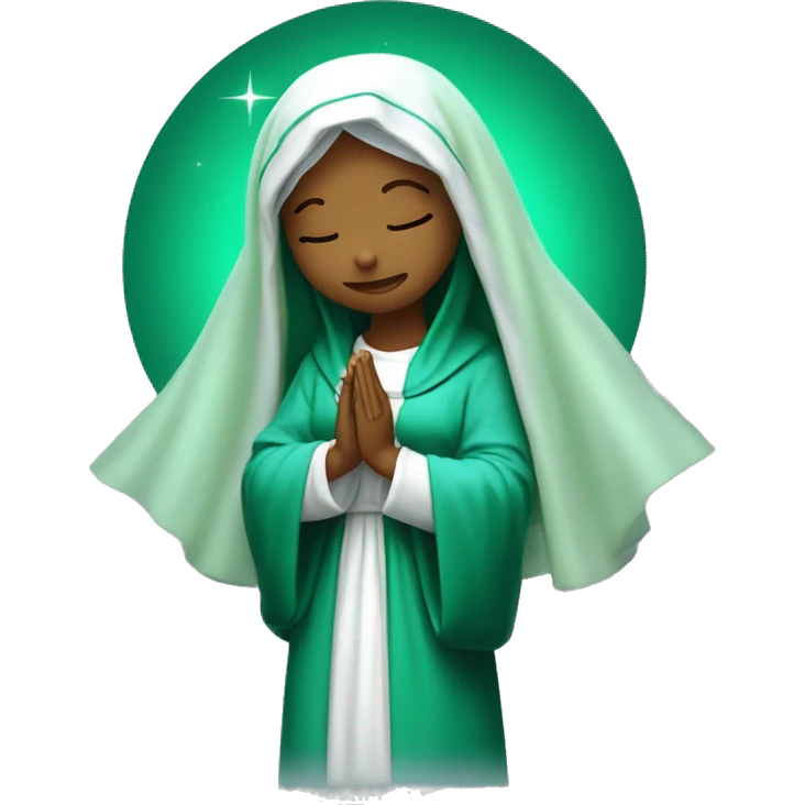 Virgin Mary: kind face looking down at the left Wearing an emerald green  robe and a light blue veil. Hands in prayer or blessing. Halo around her head. standing on a crescent moon.  emoji