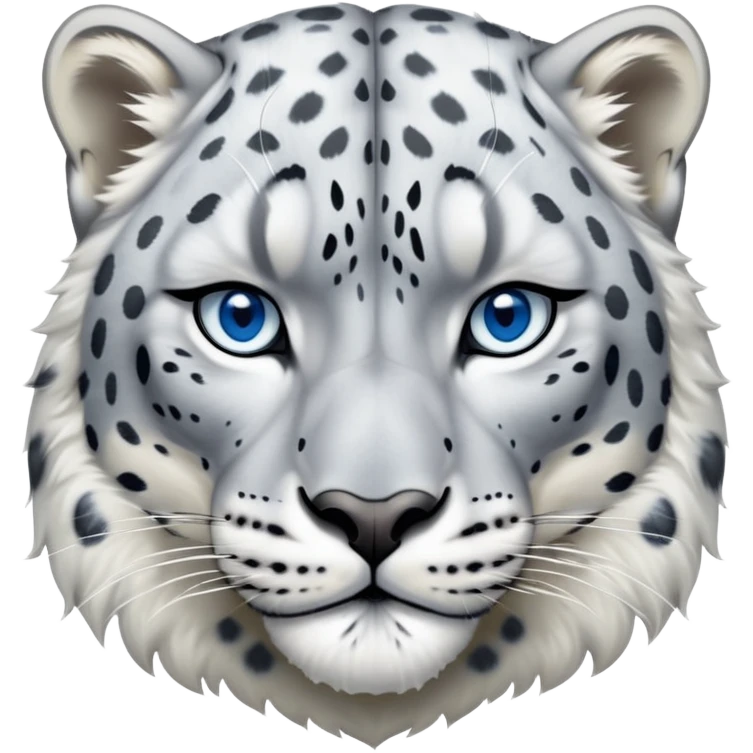 Cinematic-Noble-Snow-Leopard-Portrait-Emoji – Poised and majestic, with a muscular, agile build and a beautifully patterned coat of soft white and grey fur, marked with striking, deep-set, intelligent icy blue eyes, simplified yet sharp and sophisticated zoomed out showing the shoulders emoji