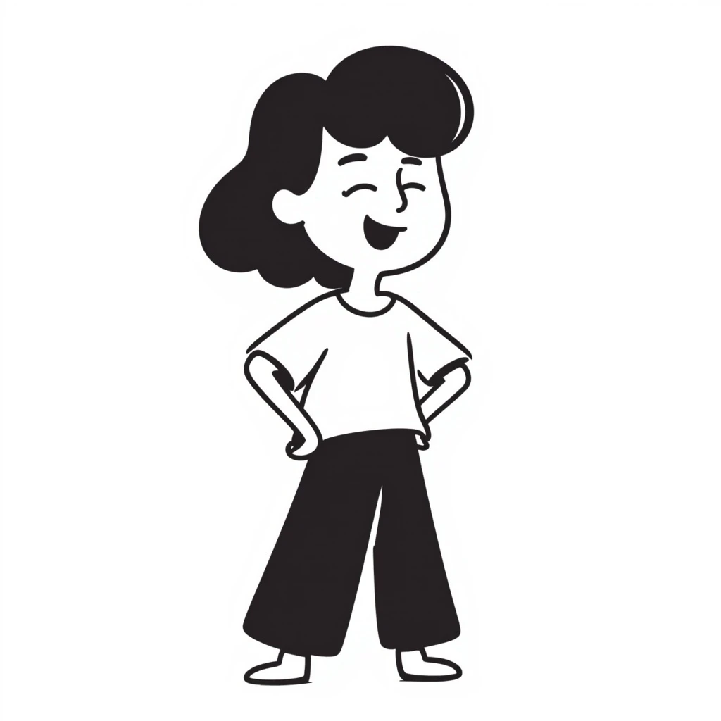 girl smiling, hands on hips, hand-drawn doodle style emoji
