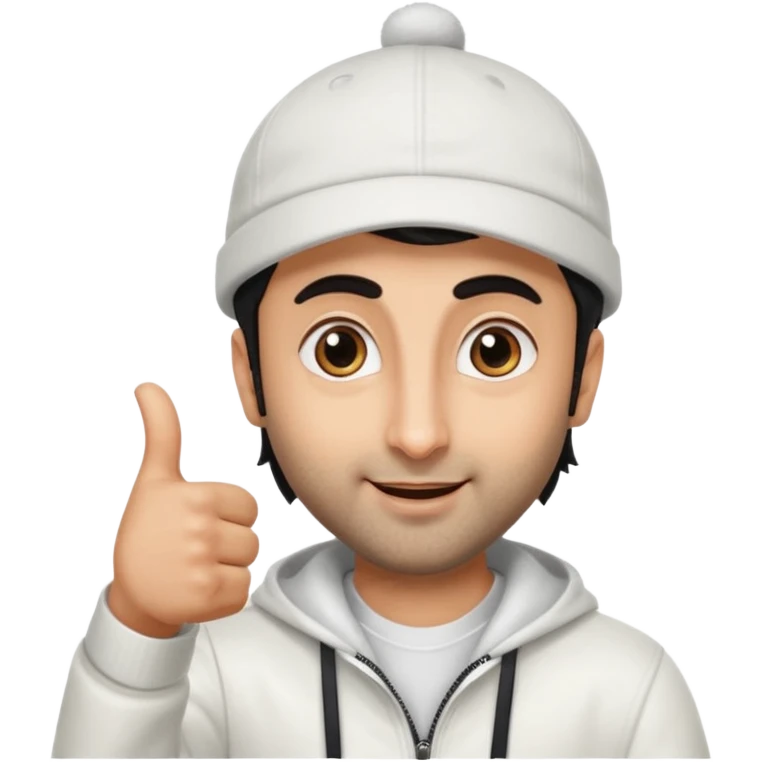 generate a pretty bratz emoji of ranbir kapoor wearing a white cap and doing a thumbs up emoji