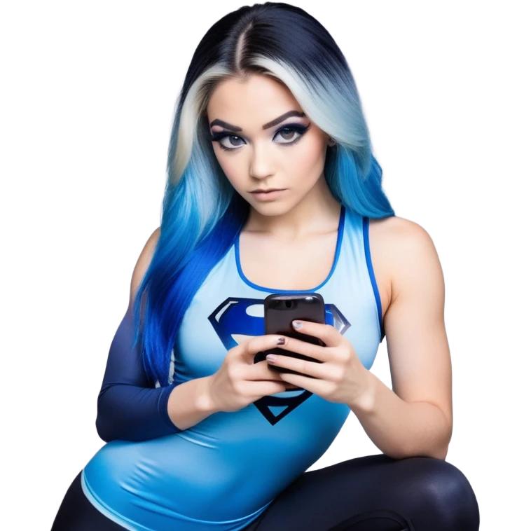 Shameful-head tilted-texting on phone-very very very large upper body-sexy face-bending forward at waist-very long very straight dark blue to light blue ombre hair-and-blue eyes-thick black eyeliner-thick long eyelashes-iridescent blue lowcut tanktop with black leggings with glitter superman logo emoji