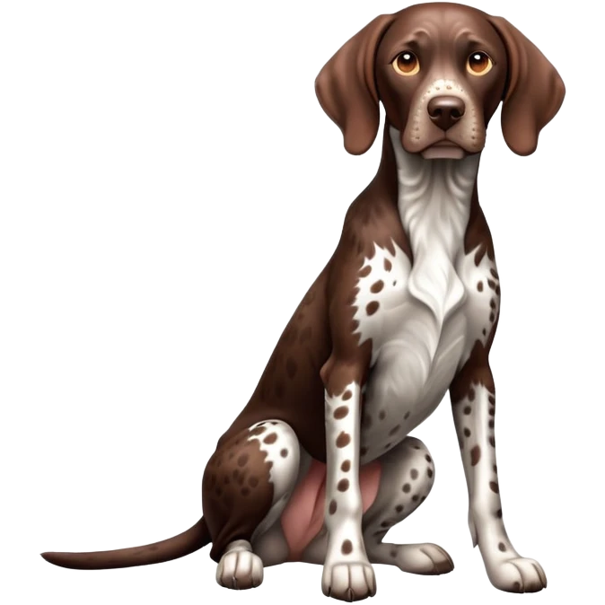 cinematic-[german pointer]-realistic-full-body-sitting-emoji,-tail-resting-loosely-beside-its-paws,-head-tilted-dramatically,-sleek-[brown and white spotted]-fur,-simplified-yet-realistic-focused-features,-highly-detailed,-glowing-with-an-almost-sarcastic-glow emoji