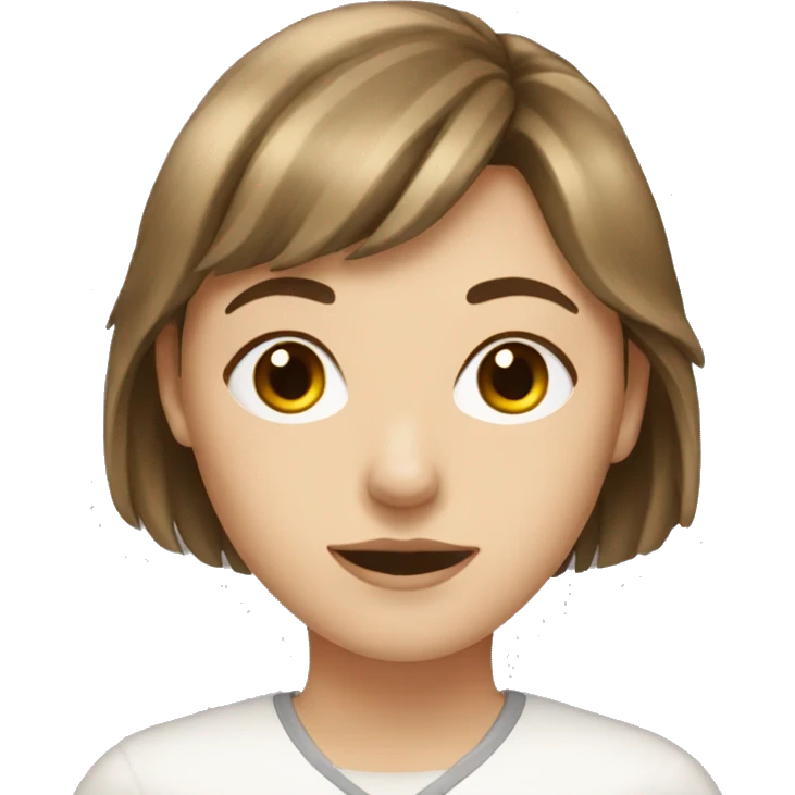 young white woman with brown hair and a fringe emoji