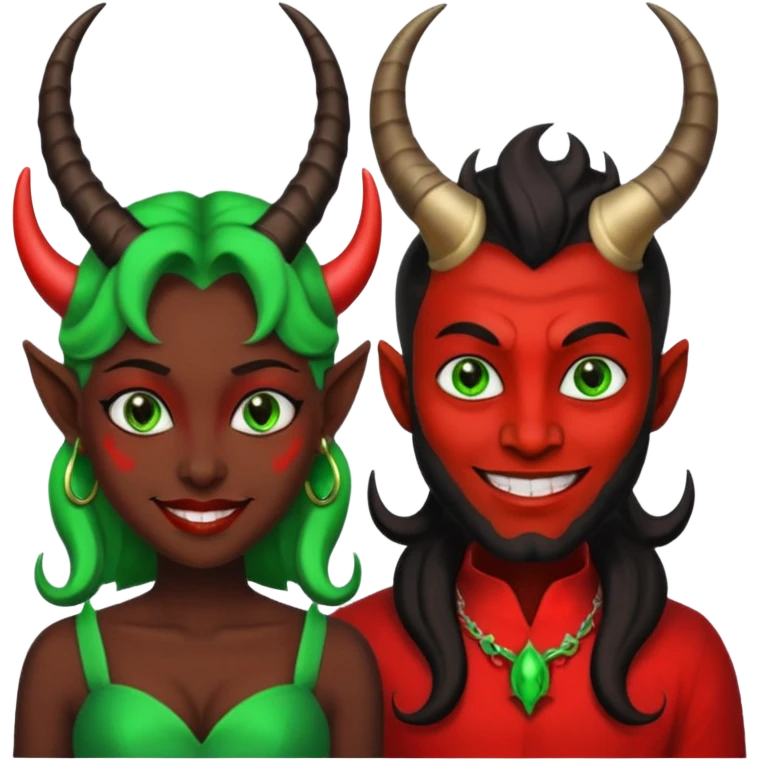 two evil persons (male and female) with devilish smile and black face and green eyes emoji