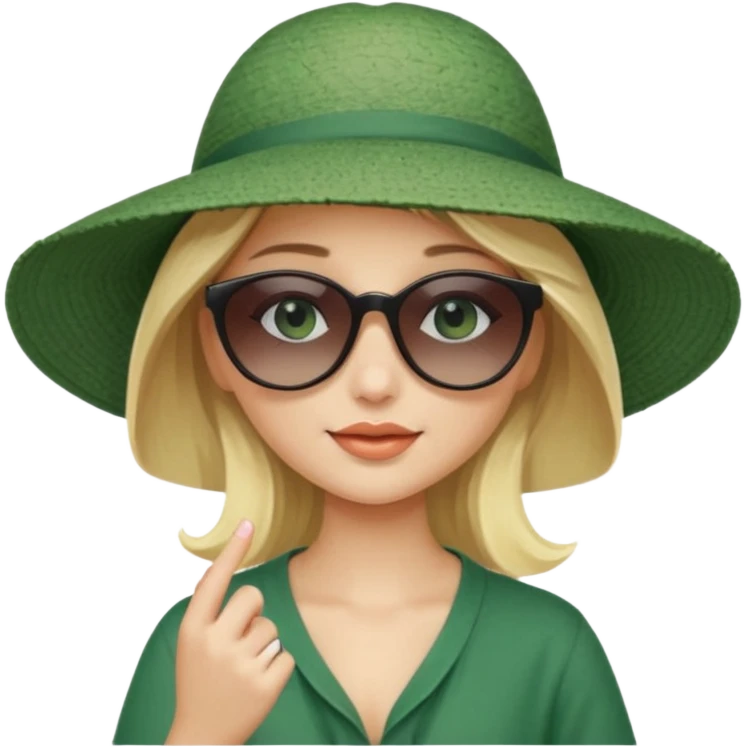 
blonde girl in dark green beach big hat adjusting sunglasses emoji