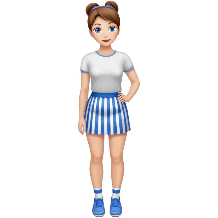 Pretty 50-year-old woman with 1 miniskirt that is blue and white striped brown hair in bun blue eyes and pretty legs emoji