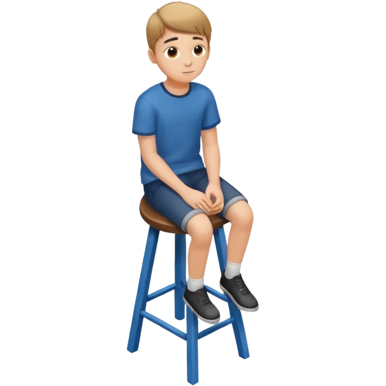 Generate a photorealistic image of a boy sitting on a stool. The scene is captured from a top-down perspective (bird's-eye view), looking directly down from above his head towards his feet. The background should be simple and clean. emoji