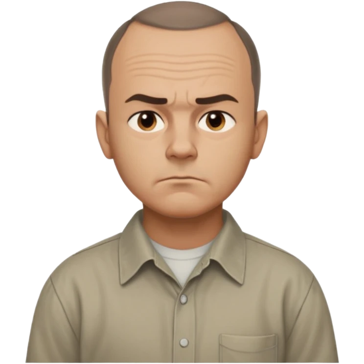 Carl from Sling Blade, serious expression, very detailed features,very recognizable features, chin sticking out, slouching posture, no glasses, shirt with collar,show his entire body, he is standing. three-quarter face angle view. He sticks his head forward. less apple style emoji.  emoji