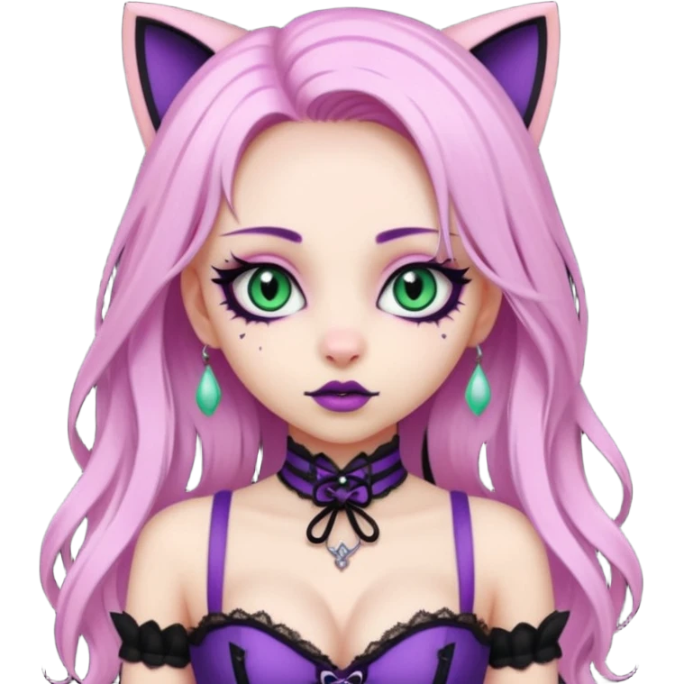 pretty scary girl, long straight LIGHT pink HAIR, jade kitten eyes, black eyeliner, pale skin, purple corset clothes with laces emoji