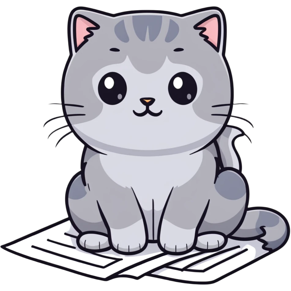 a gray Scottish fold cat sitting on a piece of paper emoji