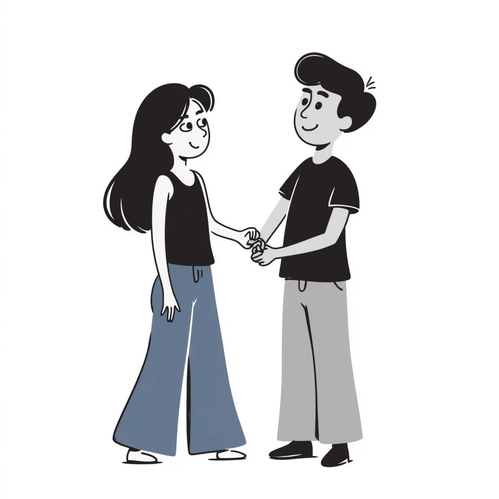 A girl with long brown hair holding the hand of a boy with short black hair, she wearing a black tank top with flared blue jeans, he wearing a black t-shirt with grey jeans, couple in love emoji