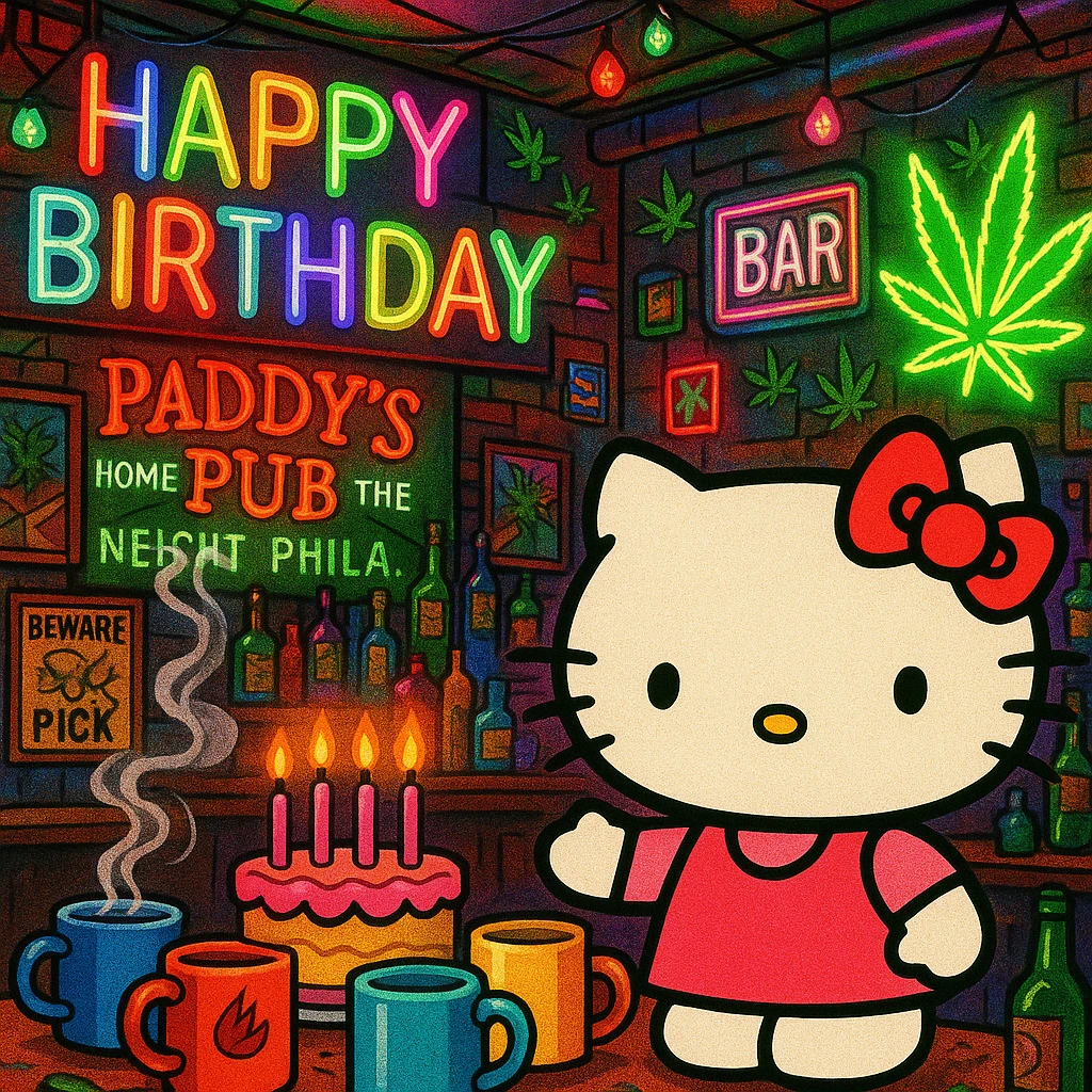 maximalist birthday scene with Hello Kitty, Sunny in Philadelphia bar, coffee mugs, cigarette smoke, weed leaves, neon colors, busy layout emoji
