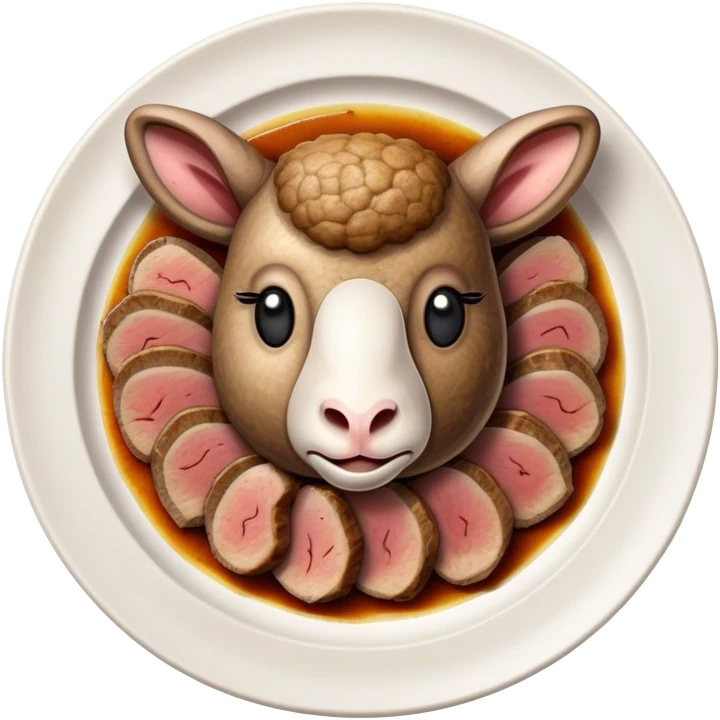 Roast Lamb Cinematic Realistic Roast Lamb Dish Emoji, depicted as thinly sliced roast lamb arranged artfully on a plate, rendered with rich textures and warm, inviting lighting. emoji