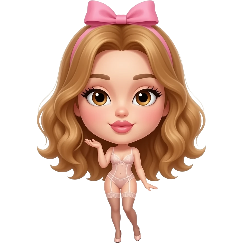 glamours,-tanned,-very-beautiful-woman-with-big-plump-rose-beige-lips,-long-lashes,-honey-silky-very short- hair,-wavy-hair,-with pink bow in hair -hazel-eyes-wearing-nude-lace-lingerie-nude-stilettos-Looks-sexy-winking-blowing-kiss-from-hand-full-body emoji