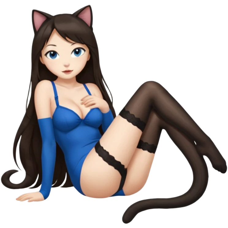 Buxom brunette super long hair intimate sfw blue eyes Asian black nylon stocking pose cat girl emoji