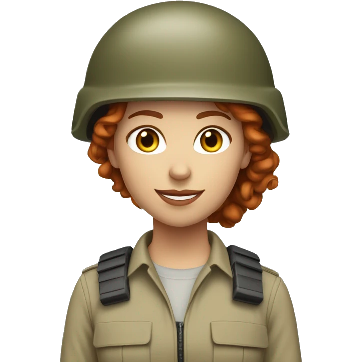 operator dressed in khaki color with a milatary helmet, without glasses, without headset, preferably curly redhead female emoji