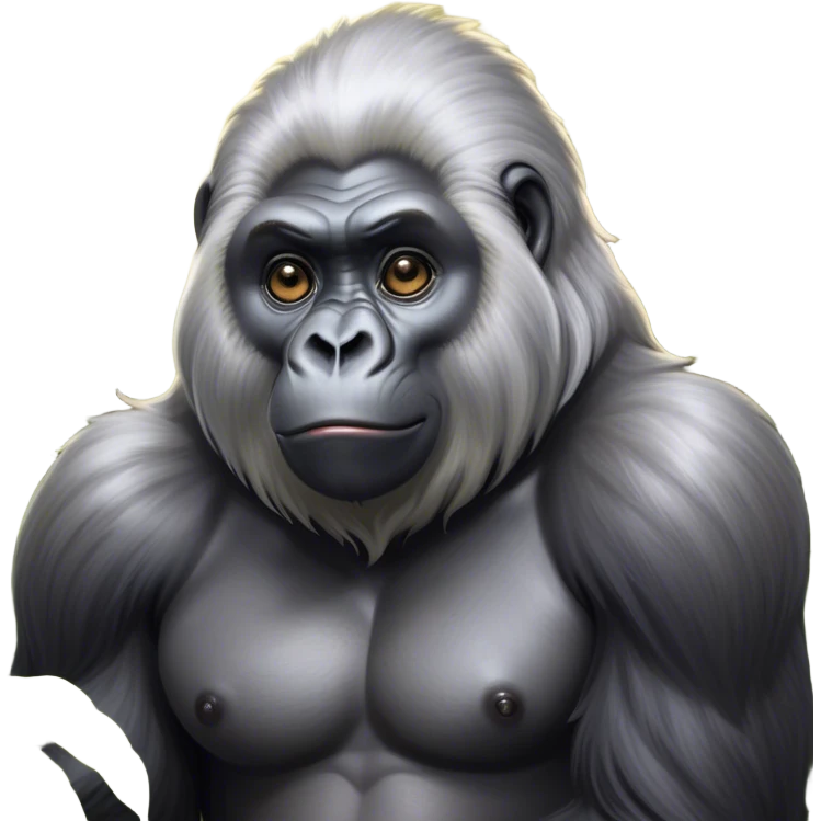 Cinematic Cute mountain Gorilla Portrait Emoji, Head tilted playfully and inquisitively, with a robust build accented by a striking silver mane and round, sparkling eyes full of gentle charm, Simplified yet irresistibly adorable features, highly detailed, glowing with a warm, friendly jungle glow, high shine, affectionate and lively, stylized with a touch of endearing primate whimsy, soft glowing outline, capturing the essence of a mischievous yet loving mountain that feels like it could lumber out of the screen into your arms! emoji