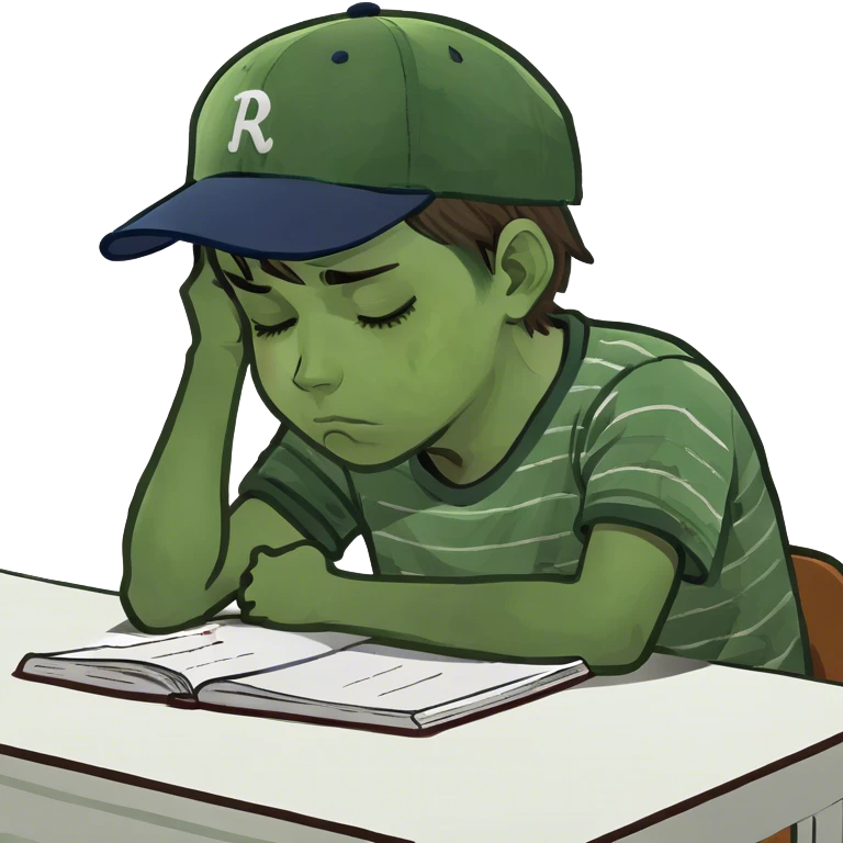 A boy with brown hair with his head down on the desk, he’s tired emoji