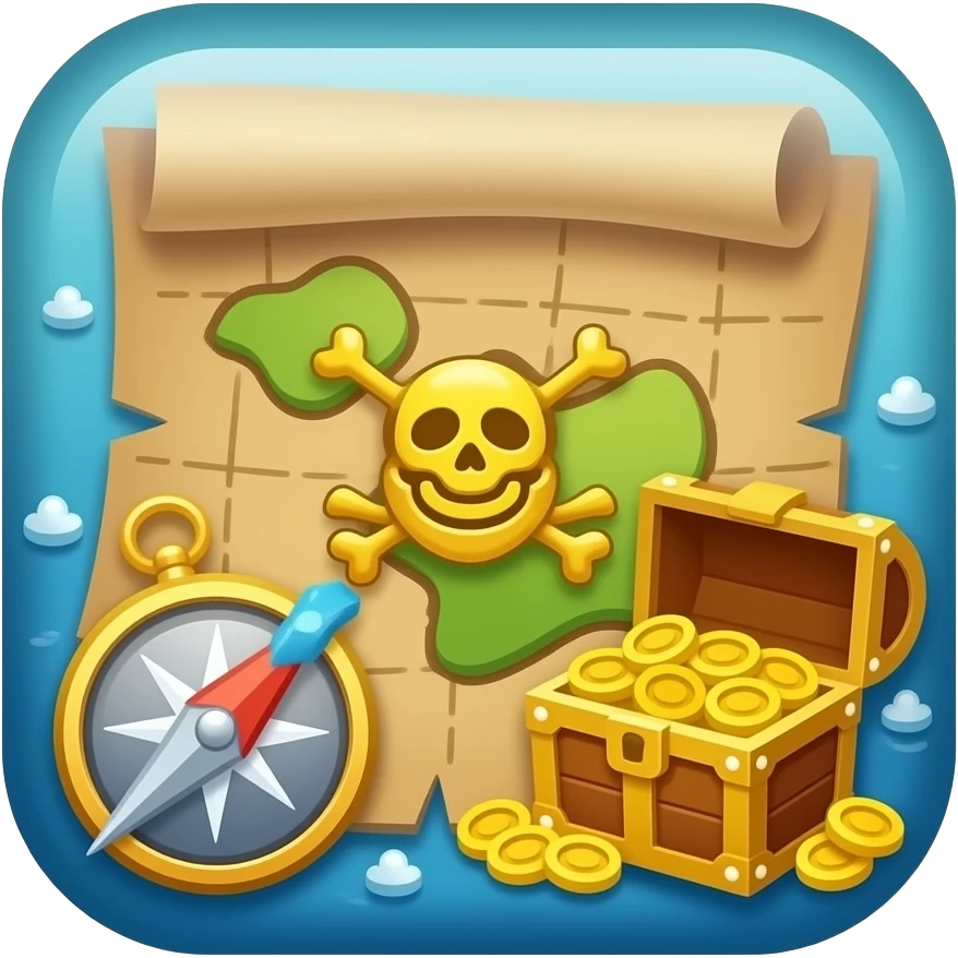 pirate Map, tile icon, match-3 style, centered, no background, glossy, vibrant, mobile game asset emoji