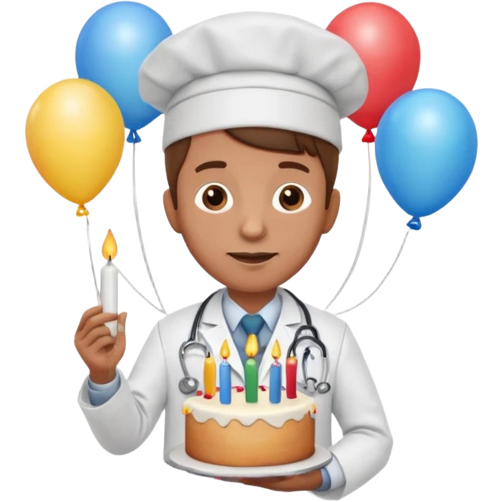 cartoon doctor holding a birthday cake with candles, wearing a lab coat and festive hat, with balloons in the background emoji