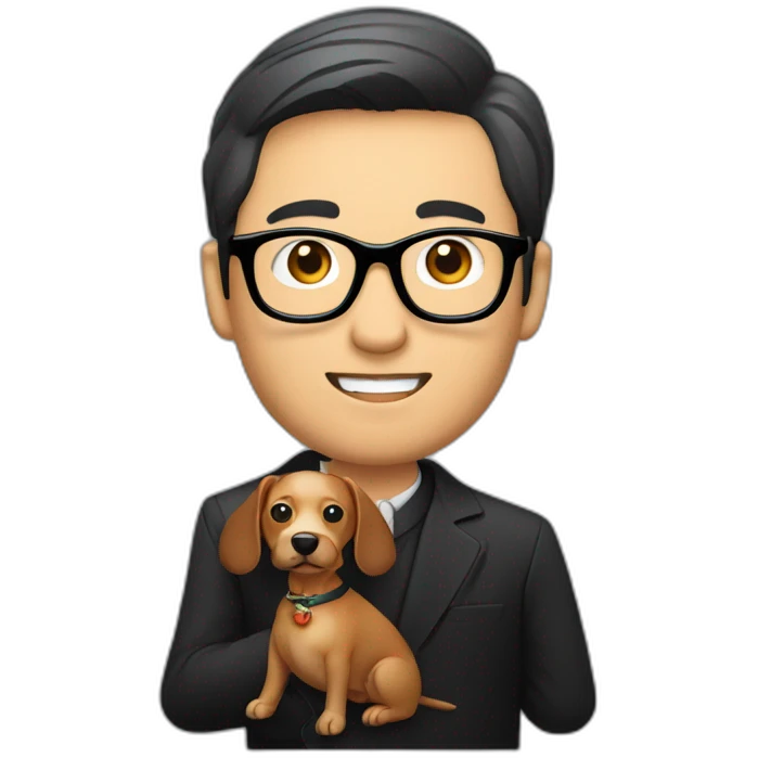 An asian man tailor wearing black framed glassed holding a sausage dog emoji