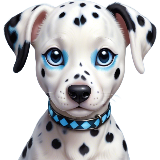 Cinematic Cute Harlequin Dalmatian Portrait Emoji, Head tilted playfully and inquisitively, featuring a glossy Fur of predominantly white with dynamic black patches, round, sparkling blue eyes filled with gentle curiosity, Simplified yet irresistibly adorable features, highly detailed, glowing with a warm, friendly glow, high shine, affectionate and gentle, stylized with a touch of whimsy, bright and endearing, soft glowing outline, capturing the essence of a mischievous yet loving pup, so playful it feels like it could lumber out of the screen and into your arms! emoji