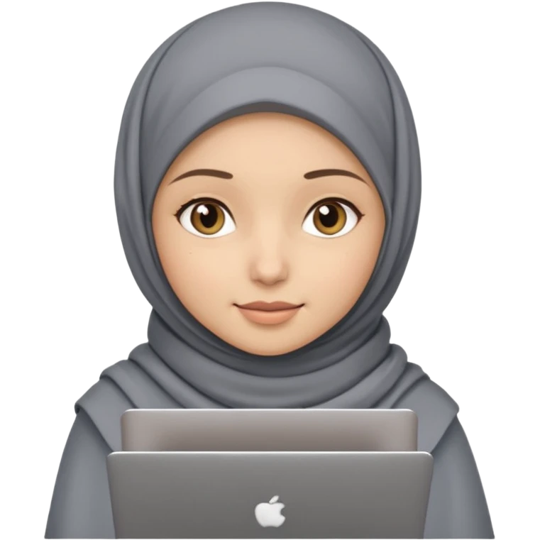 A girl wearing a gray hijab and with hazel eyes is carrying a laptop, not a laptop, just a regular laptop. Not mat bock  emoji