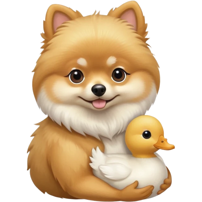 Pomeranian carrying a stuffed white toy ￼duck emoji