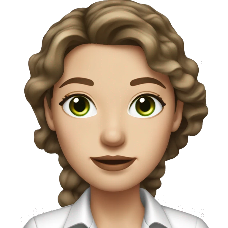 female real state agent with long wavy brown hair an green eyes with nice pinkish lips dressed with a white shirt and a few freckles emoji