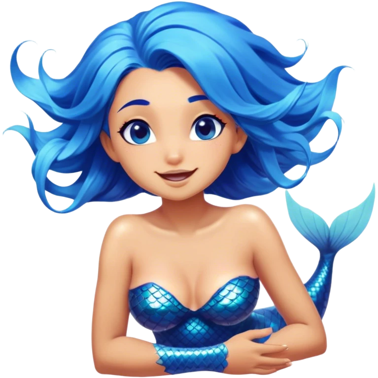 Cinematic Realistic Blue Hair Mermaid Portrait, head tilted dramatically with an exaggeratedly amused expression, featuring a striking, vibrant form with meticulously detailed, flowing blue hair and glowing, tanned skin. Her expressive eyes brim with playful marine mischief, rendered with dynamic underwater lighting and vibrant textures that imbue the scene with an air of cheeky, over‐the‐top oceanic whimsy—capturing the essence of a spirited mermaid ready to enchant with coastal charm. emoji