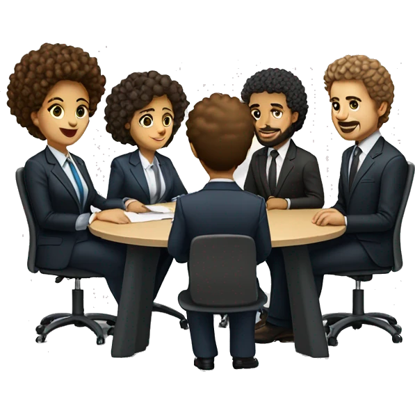 work meeting table 3 men and 4 women sitting on a table wearing suits the women have curly hair and one of the men is fat with a beard and of them is tanned with curly hair emoji
