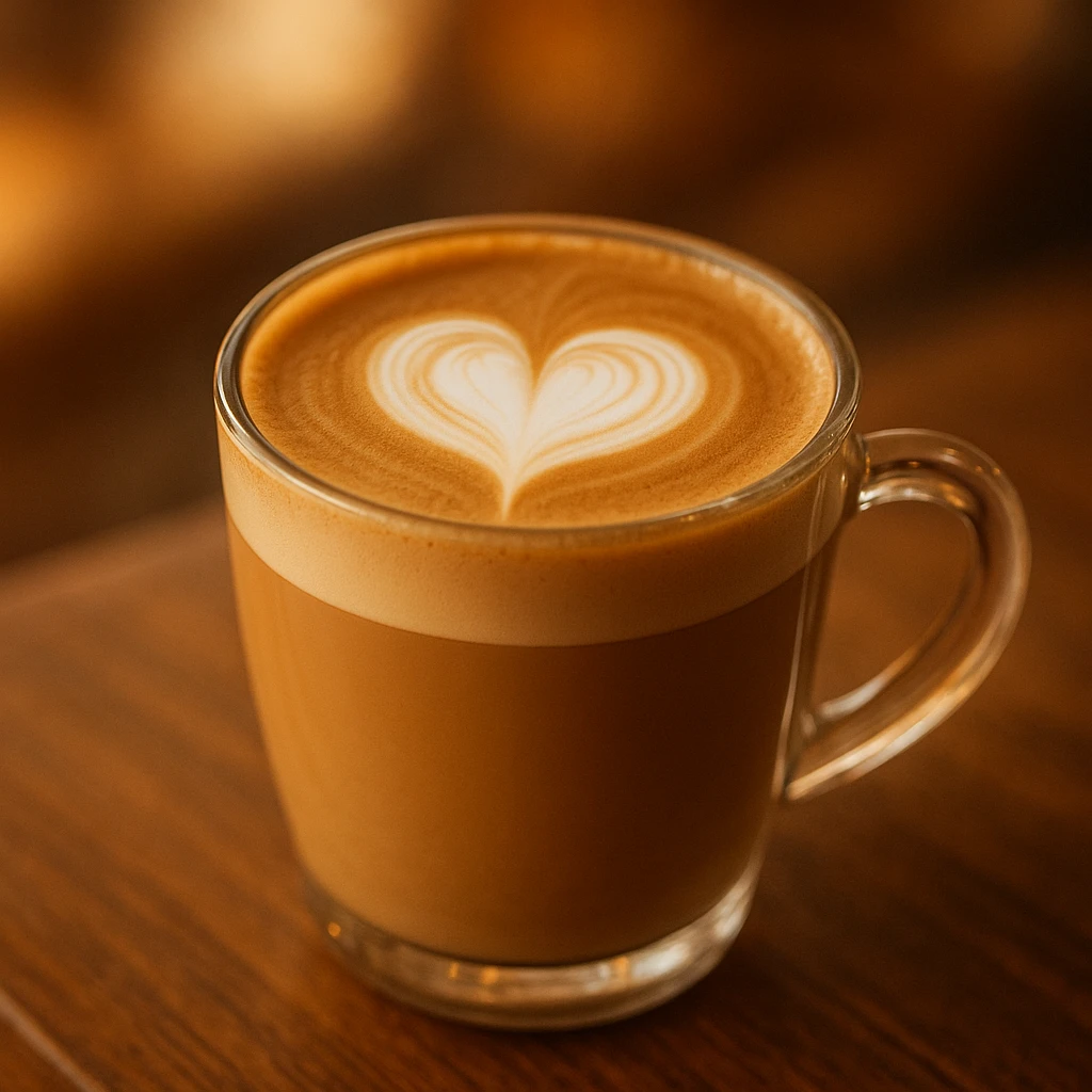 a beautiful coffee latte in a glass mug, with heart-shaped foam art, warm and inviting atmosphere emoji