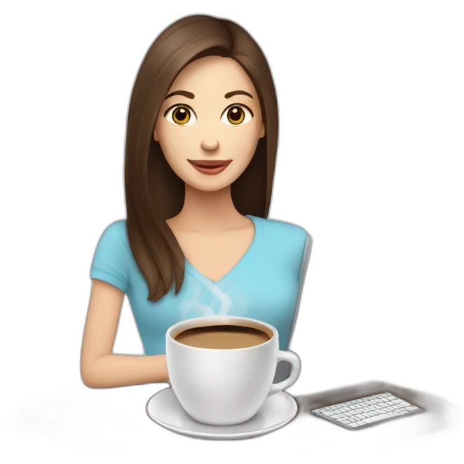 woman with long straight brown hair and pale skin using a laptop as a saucer for a large coffee mug emoji