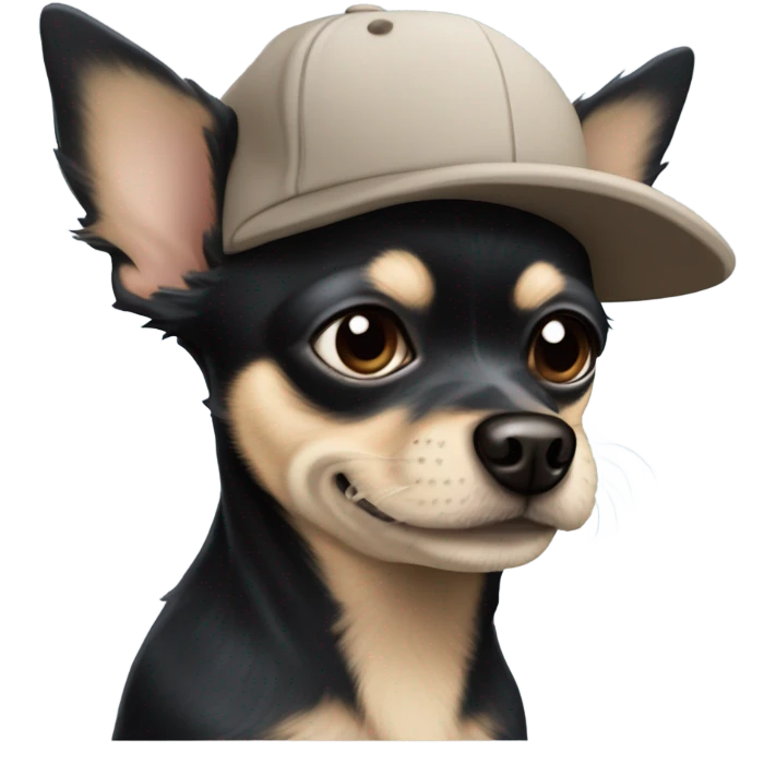 Old man blue eyes goatee beard ball cap holding cute black long fur Chihuahua emoji