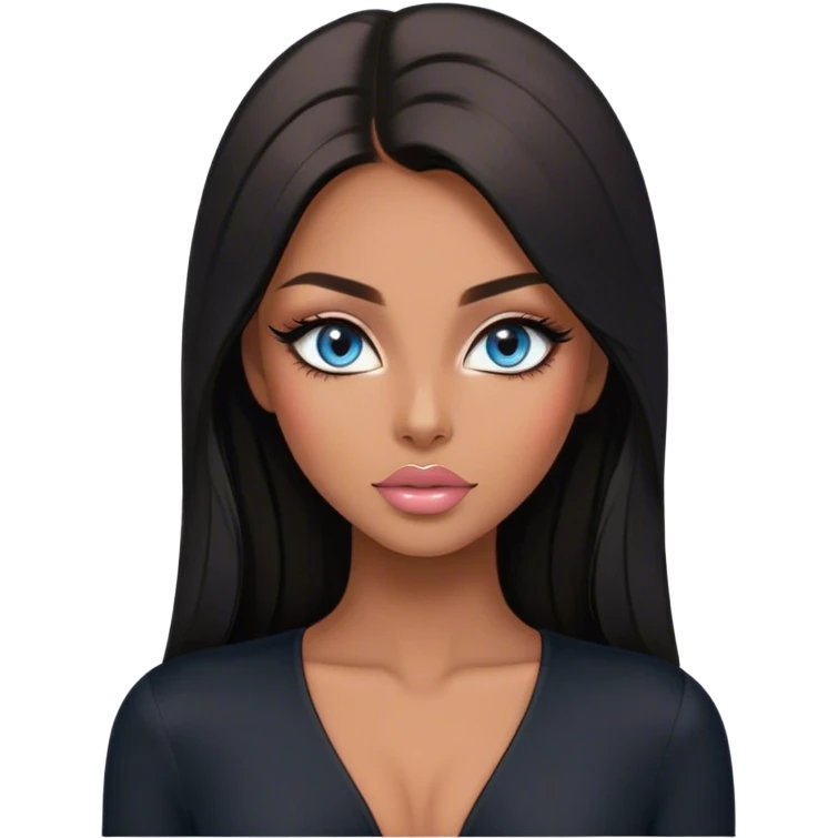 Glamours make-up, tanned, beautiful, girl, with blue eyes, big pump peach-beige-rose lips, eyeliner, long lashes, black straight smooth silky long hair, parting hair in the middle,  in black v-neck bodysuit long sleeves emoji