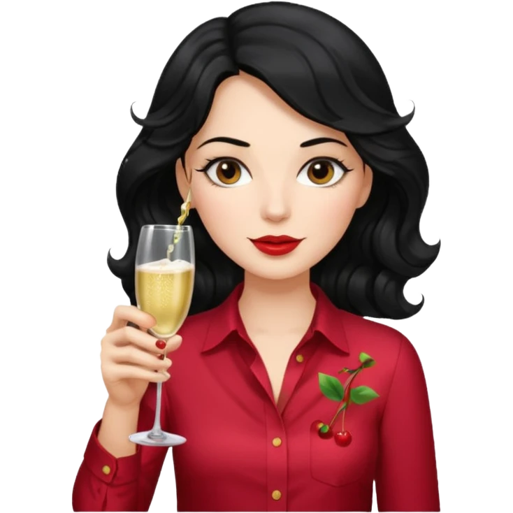 A woman with wavy black hair and a beautiful and authoritative cherry shirt drinking champagne emoji