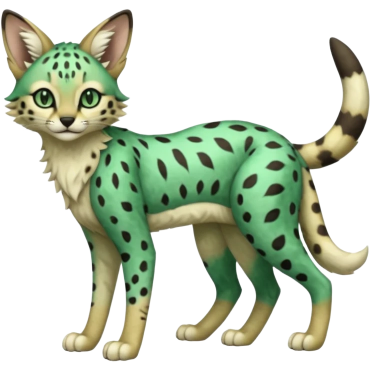Epic complex detailed emerald-green dark-brown beige pastel realistic aesthetic-scenic-Fakémon-Sprigatito-Floragato-Meowscarada-Trico-Sergal-Serval-Vernid-creature (full body) emoji