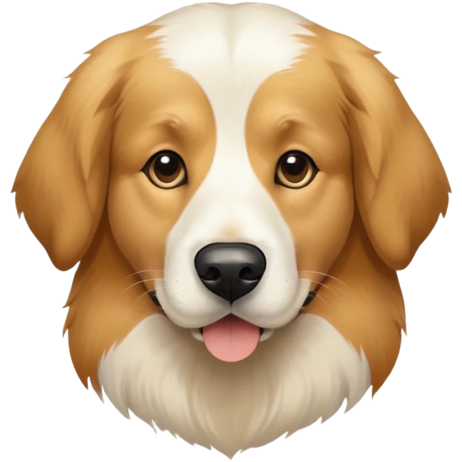 This is a big, dog with a white and brown face thats fur texture is like a golden retriever who got way too close to the camera, white face and very dark brown ears with black around his eyes  emoji
