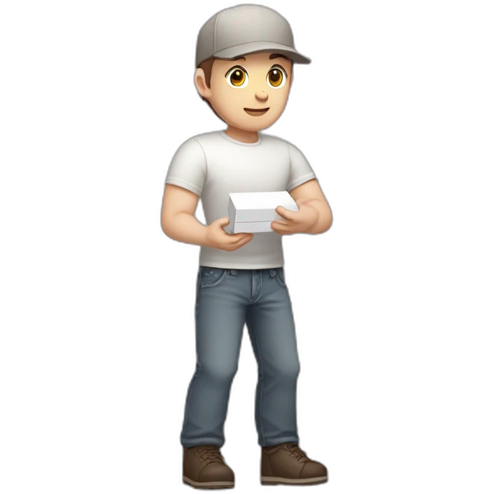 Pale skinned fit Man with dark brown hair in a light gray cap, dark brown jeans, brown polo and white T-shirt keeping a pasted with tape white box into his hands emoji