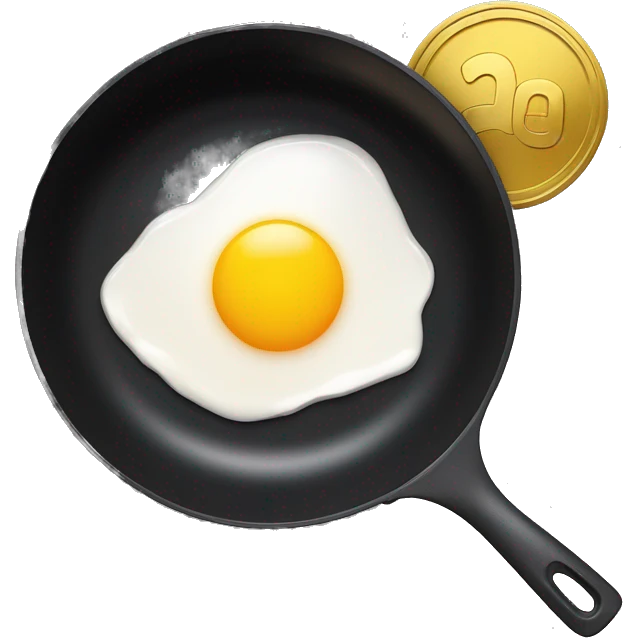 A simple, emoji-style illustration of a black frying pan viewed from above, with a shiny gold coin at its center, designed to resemble a fried egg yolk. The coin has a smooth surface with subtle embossed details. emoji