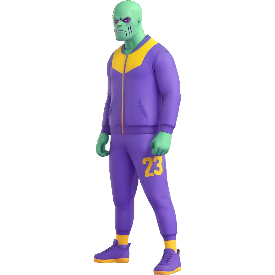 purple-skinned Thanos wearing a green Squid Game player tracksuit with number 230 emoji